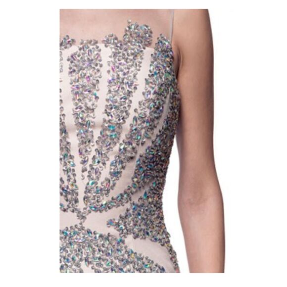 Terani Couture Dress Size 2 Silver Nude Long Trumpet Rhinestones Prom Homecoming - Picture 9 of 14